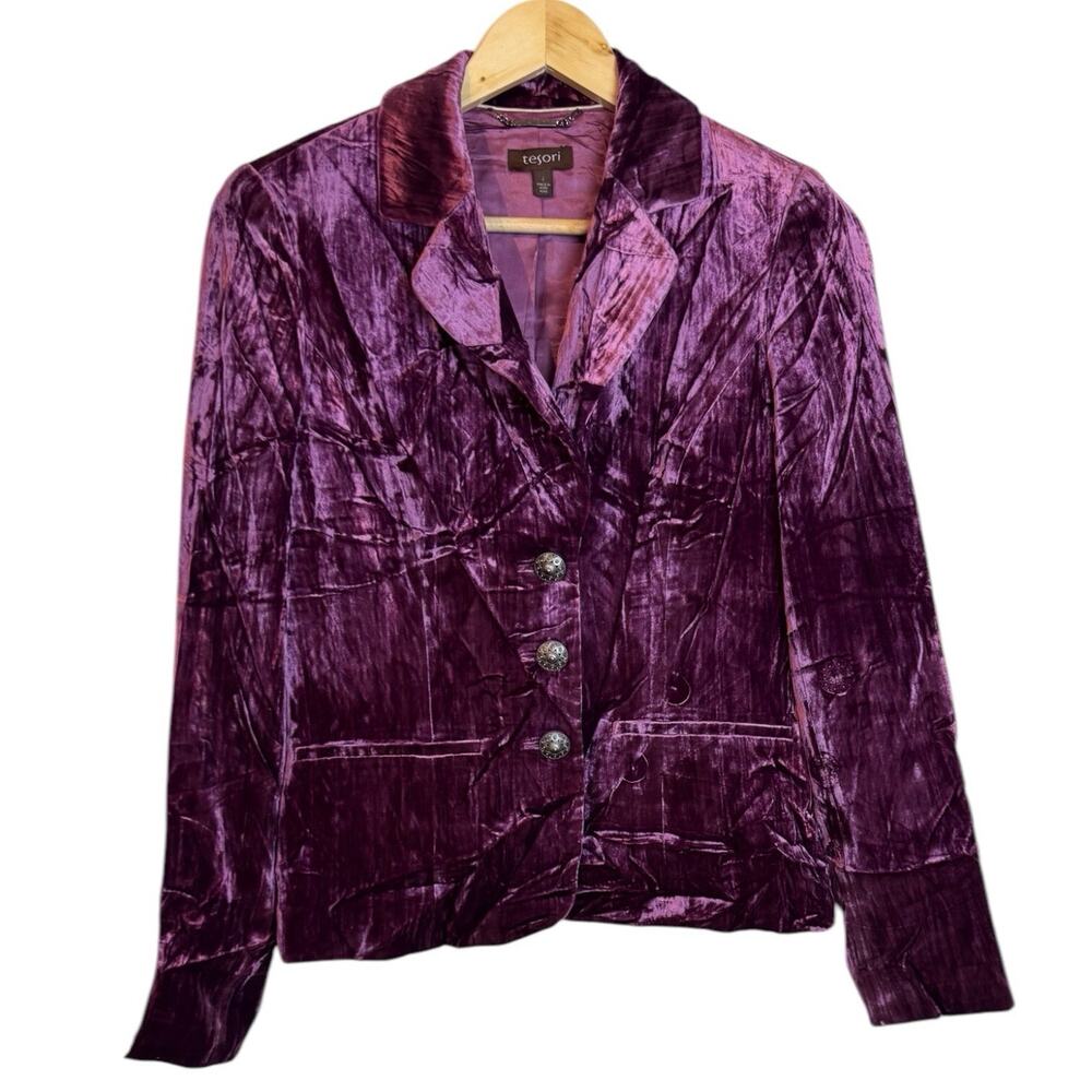 Tesori Purple Silk Blend Crushed Velvet Blazer Jacket Size 2